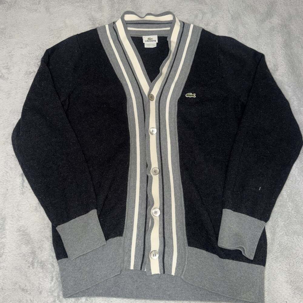 Lacoste Cardigan Sweater Mens Size 4 Medium Charcoal Gray Striped Placket Wool